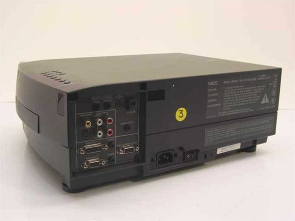 NEC MT810 projector rear panel — VGA, composite video RCA, S-Video, audio ports, and IEC AC power inlet
