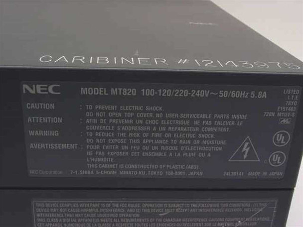 NEC MT820 bottom label showing model number, voltage rating, UL listing, and NEC Corporation Japan address