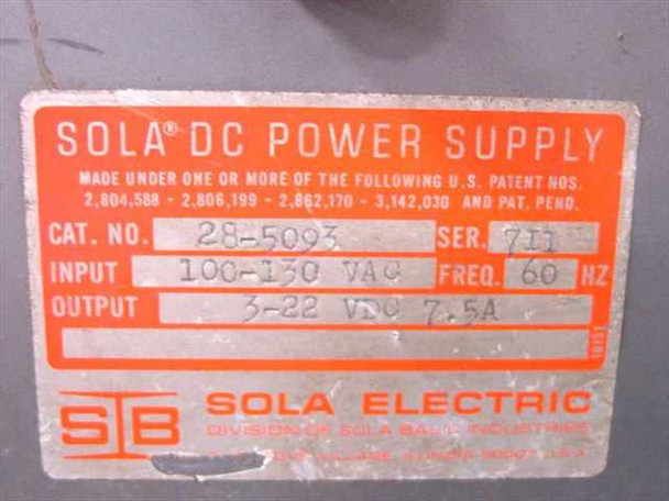 Sola Electric 28-5093 rating plate showing Cat. No. 28-5093, Input 100-130 VAC 60 Hz, Output 3-22 VDC 7.5A