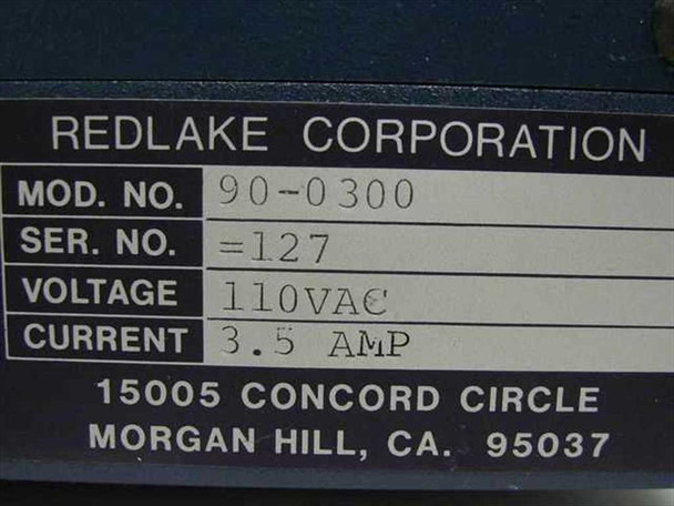 Redlake Corporation rating plate showing Model No. 90-0300, Serial No. 127, Voltage 110VAC, Current 3.5 AMP, Morgan Hill CA