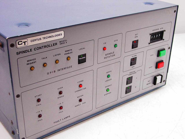 Certus Technologies 3600A Spindle Controller – front panel side-angle view showing full panel layout including Spindle Rotation section and fault lamps