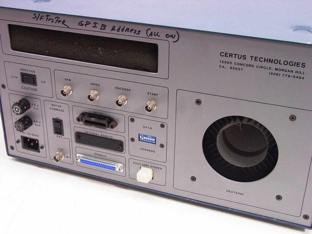 Certus Technologies 3600A Spindle Controller – rear panel angle view with handwritten GPIB address note, Certus Technologies address label, and large heatsink