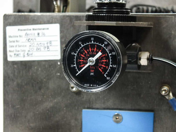Micro Tooling MT0268 close-up of pneumatic pressure gauge (0–160 psi / 0–11 bar, Made in USA) with Festo regulator and preventive maintenance label showing Machine No AMMEX 36