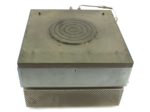 Custom hot plate top view with cover closed showing circular heating surface and stainless steel enclosure
