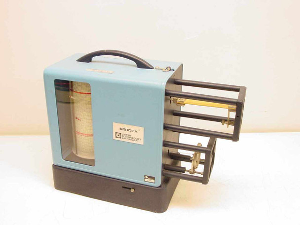 Bacharach 22-7008 Serdex Hygrothermograph front-left view showing blue case, carry handle, chart window with drum chart, and open stylus arm assembly