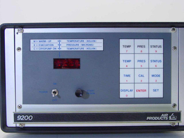Air Products 9200 front panel close-up showing LED display and keypad with TEMP, PRES, STATUS, TIME, CAL, MODE, DISPLAY, ENTER, SET buttons and mode legend
