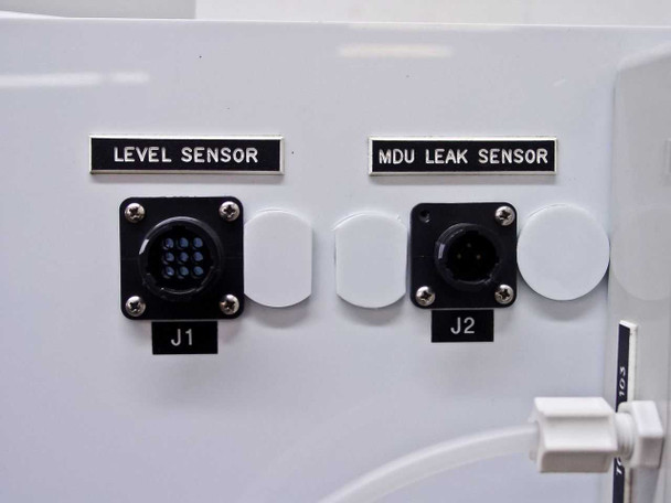 External connector panel showing J1 Level Sensor (multi-pin circular) and J2 MDU Leak Sensor connectors