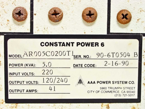 AAA Power System Constant Power 6 rating label — Model AR005C0200T1, 5.0 KVA, 220V input, 120/240V output, 41A, Date Code 2-16-90, SN 90-6T0504 B
