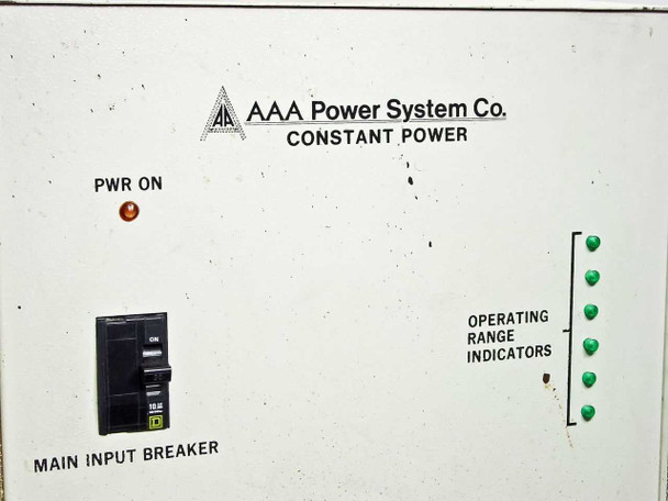 AAA Power System Constant Power 6 front panel close-up — PWR ON pilot light, Square D Main Input Breaker (10A), and green Operating Range Indicator LEDs