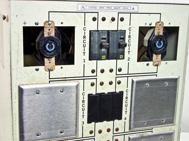 Constant Power 6 rear panel upper section — Circuits 1 and 2 with locking receptacles and Square D dual-pole circuit breakers; UL Listed label at top