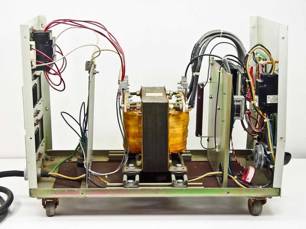 AAA Power System Constant Power 6 — internal view with enclosure panels removed showing large toroidal transformer, wiring harnesses, and control boards on caster base