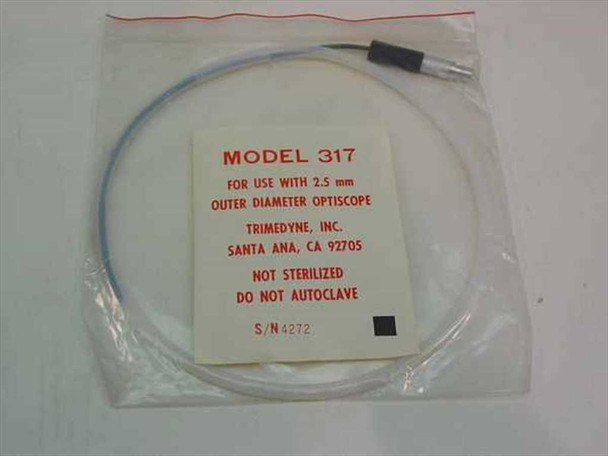 Trimedyne Model 317 fiber optic cable in original sealed plastic bag with manufacturer label showing model, 2.5mm OD Optiscope compatibility, and serial number