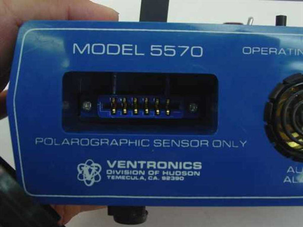 Ventronics 5570 side panel showing MODEL 5570 label, multi-pin polarographic sensor connector port, and Division of Hudson Temecula CA markings