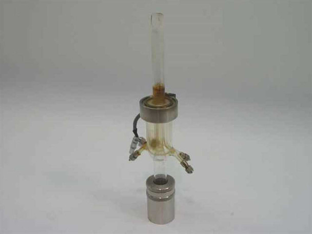 TMA quartz sample holder assembly — second upright view showing quartz tube, stainless piston base detached, multiple fittings and wire lead connections