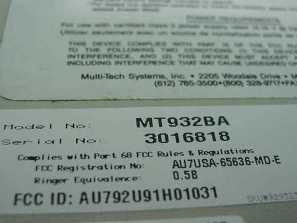 MultiTech MT932BA bottom label showing model number MT932BA, serial number, FCC registration AU7USA-65636-MD-E, ringer equivalence 0.5B, and FCC ID AU792U91H01031