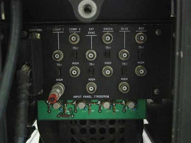 GE Talaria PJ5055C1 — rear input panel 778352564 showing BNC connectors for Control, Comp 1, Comp 2, Ext Sync, Green, Blue, and Red; 75Ω/High impedance selector switches; green PCB visible at bottom
