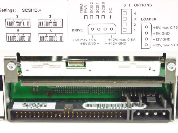 HP C1553-20800 rear connector close-up – SCSI 50-pin interface connector and power header visible with jumper settings label for SCSI ID, TERM, PWR, and loader options