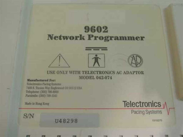 Telectronics Pacing Systems 9602 Network Programmer bottom label showing model number, 042-074 AC adapter requirement, Made in Hong Kong, and serial number U48298