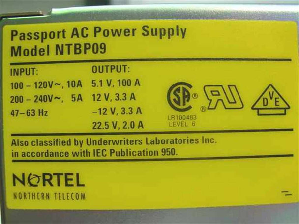 Nortel NTBP09BA-07 Passport AC Power Supply – close-up of rating label showing input/output specifications and Nortel Northern Telecom branding