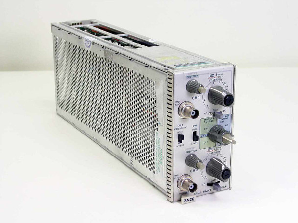 Tektronix 7A26 Dual Trace Amplifier Plug-In – angled front and side view showing front panel controls and vented housing