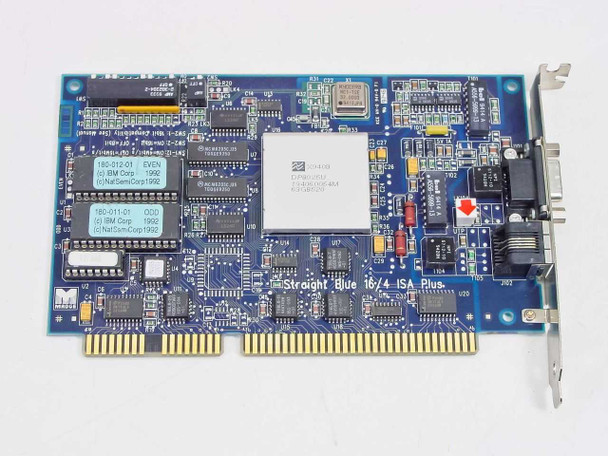 Madge Straight Blue 16/4 ISA Plus Token Ring card — angled front view of full PCB showing 'Straight Blue 16/4 ISA Plus' silkscreen, main controller IC, and dual RAM modules
