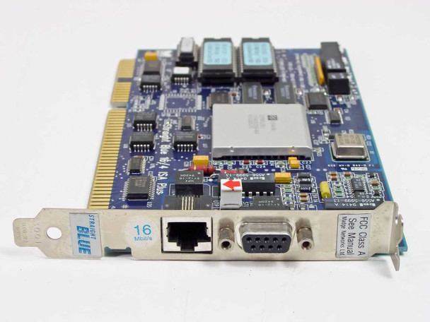 Madge Straight Blue 16/4 ISA Plus Token Ring card — three-quarter view showing front bracket with 'BLUE 16 Mbps' label, RJ-45 port, DB-9 connector, and FCC Class A marking