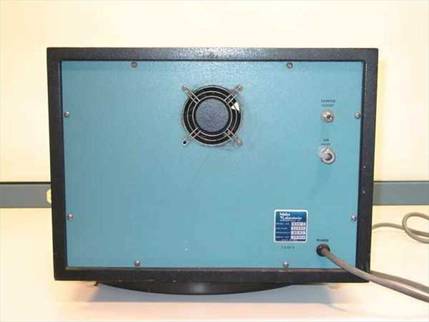 Meloy Labs CS10-2 SO2 Calibrator — rear panel view showing cooling fan, gas output port, Meloy Laboratories rating label, and power cord inlet