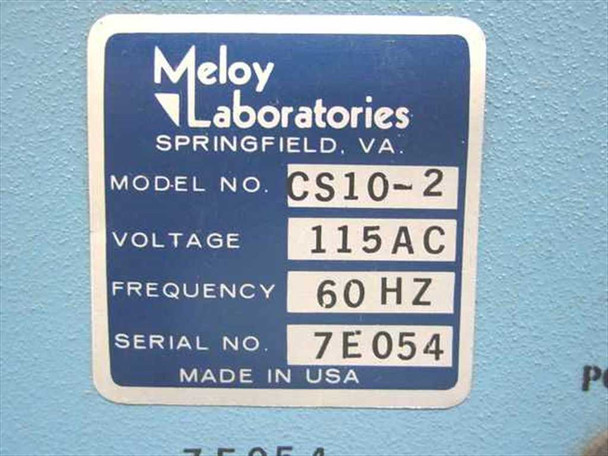 Meloy Laboratories CS10-2 rating plate — Model CS10-2, Voltage 115AC, Frequency 60Hz, Serial No. 7E054, Made in USA, Springfield VA