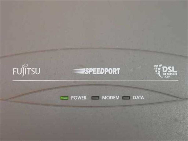 Fujitsu Speedport FC9660RA12 front panel close-up showing Power, Modem, and Data LED indicators and DSL by Orkit branding