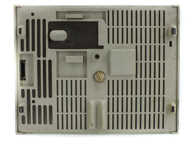 IBM 4683 Model 2 rear panel view showing ventilation slots, proprietary multi-pin combined power/data connector opening on left side, and thumbscrew fastener