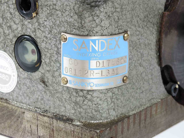 Sandex 6D Indexing Drive nameplate close-up – shows model 6D, part number 08182R-L3A1, serial number, and Sankyo Seisakusho manufacturer marking