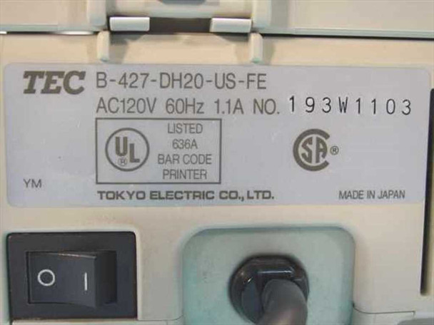 TEC B-427-DH20-US-FE rating label showing AC 120V 60Hz 1.1A, UL Listed 636A barcode printer, CSA mark, Tokyo Electric Co. Ltd., Made in Japan, with power switch visible