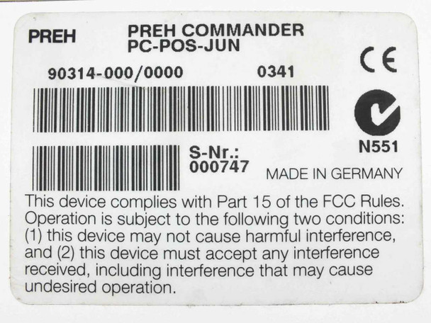 Preh Commander PC-POS-JUN keyboard – bottom label closeup showing part number 90314-000/0000, serial number, CE mark, Made in Germany