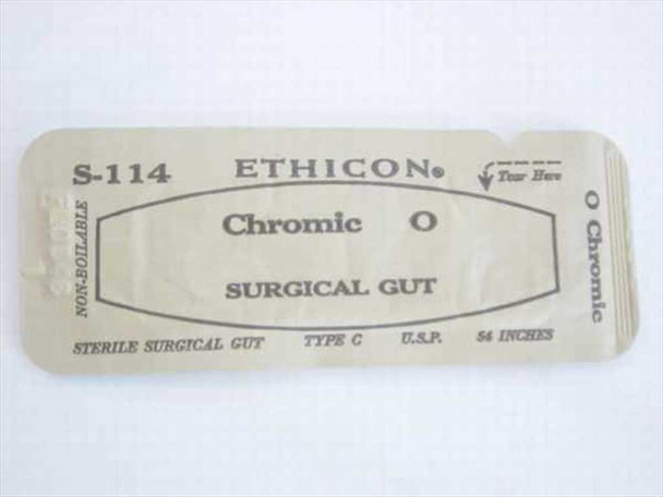 Ethicon S-114 Chromic Surgical Gut Suture sealed packet – Size 0 Type C USP 84 inches non-boilable sterile label view