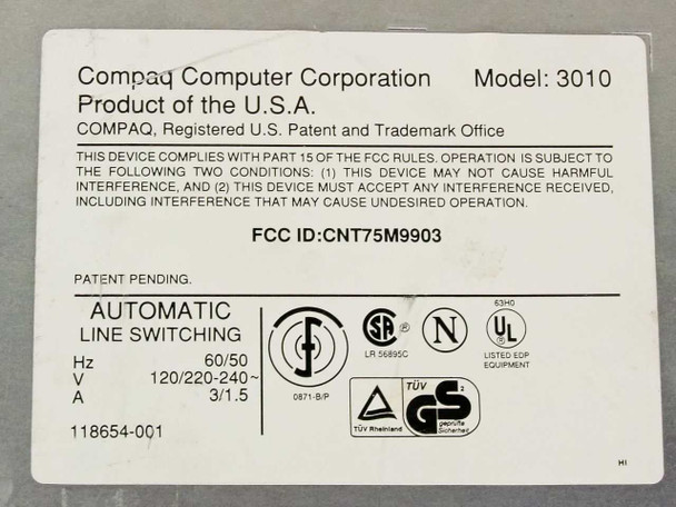 Compaq DeskPro 286n Model 3010 rear label showing model number, FCC ID CNT75M9903, 120/220-240V power specs, UL and TUV certifications