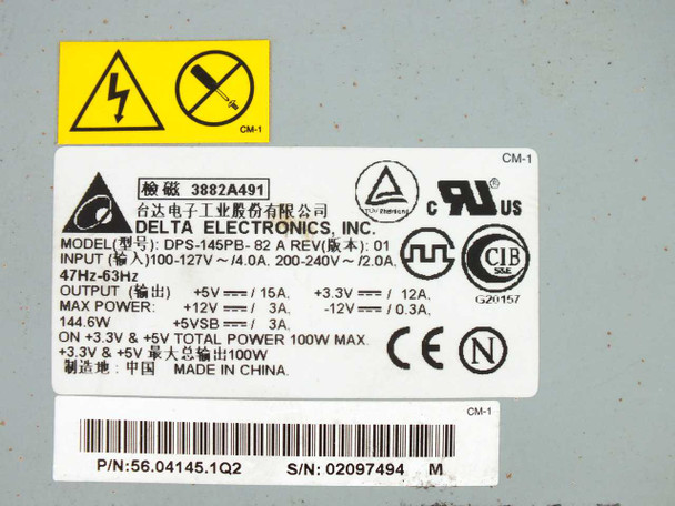 Delta DPS-145PB-82 A specification label showing model, input/output ratings, and part number 56.04145.1Q2
