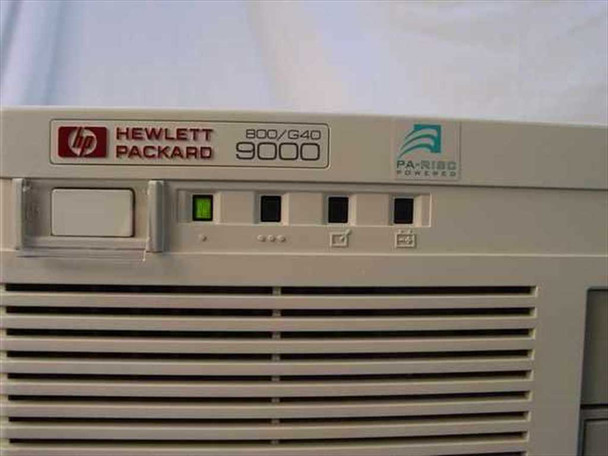 HP 9000 800/G40 front panel closeup showing Hewlett Packard branding, PA-RISC logo, power button, and status indicator LEDs