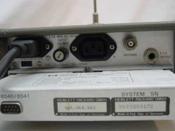 HP 80240A Telemetry System rear panel showing IEC AC inlet, 5VA/6.6A outlet, 115-250mA/230V power specs, ANTENNA BNC connector, ECG OUTPUT jack, and DB9 connector; Made in Fed. Rep. of Germany label visible