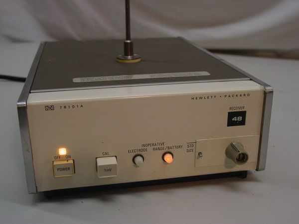 HP Hewlett Packard 78101A Telemetry System Receiver front panel with power indicator lit, CAL button, INOPERATIVE/ELECTRODE/RANGE/BATTERY indicators, and whip antenna on top