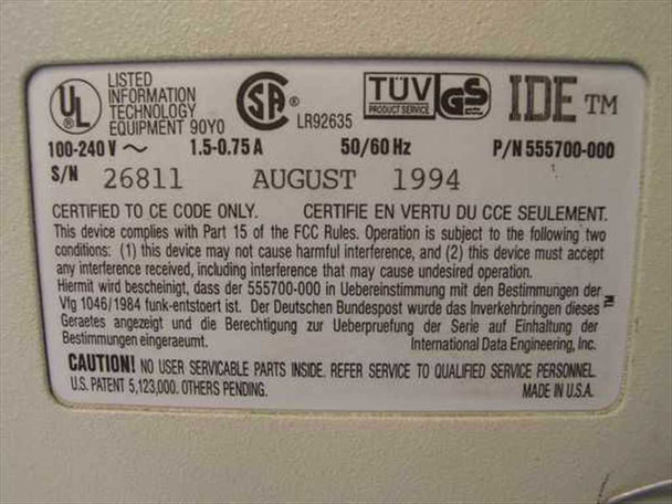 Plasmon 555700-000 rating plate showing P/N 555700-000, S/N 26811, August 1994, 100–240V, 1.5–0.75A, 50/60Hz, UL, CSA, TÜV certifications