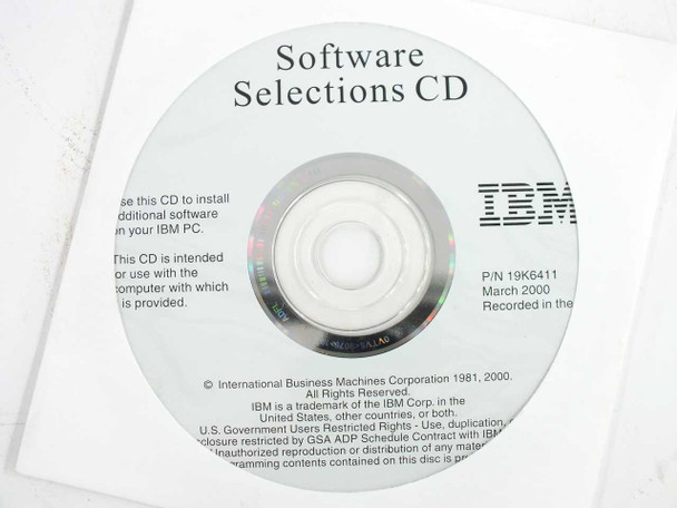 IBM Software Selections CD (P/N 19K6411) disc label showing March 2000 date and IBM logo