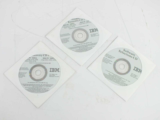 IBM PC 300GL 300PL 3-disc recovery CD set – all three discs in paper sleeves laid out together