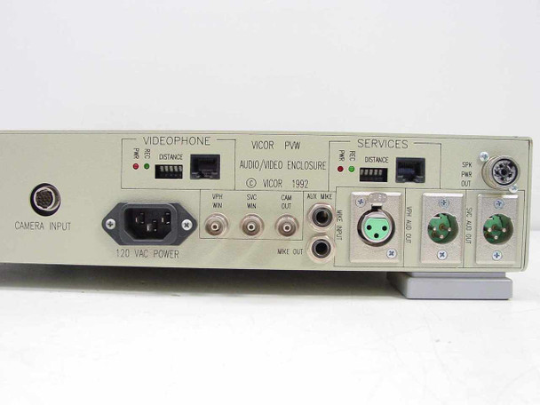 Vicor PVW Audio/Video Enclosure — rear panel detail showing Videophone section, Camera Input, Services section, audio connectors, and 120VAC power label with 1992 copyright