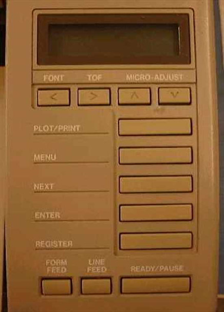 JDL 950TH Omniplotter 950 – close-up of front panel LCD display and control keypad including PLOT/PRINT, MENU, NEXT, ENTER, REGISTER, FORM FEED, LINE FEED, READY/PAUSE buttons
