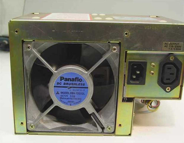 HP 45935-60231 Vectra Power Supply ETX-661E16M – close rear view of Panaflo FBH-12G12L fan, IEC AC inlet, IEC AC outlet, and partial rating label