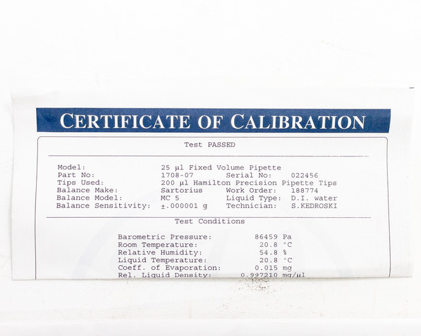 Hamilton Certificate of Calibration showing model 25µL Fixed Volume Pipette, part number 1708-07, serial number 022456, Test Passed status, and Sartorius balance calibration conditions