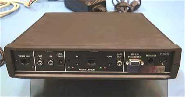 Avistar VideoLAN Interface 4e rear panel showing Video LAN, Video In/Out, Cam PWR, Audio In/Out, Aux Out, RS-232 Diagnostic, Headset, and Power connectors
