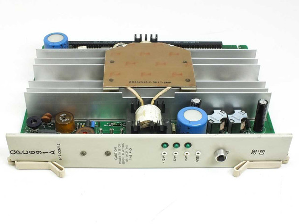 Nortel QPC691A 5/12 CONV 2 power converter — front panel view showing card bracket with 'QPC691A-A' designation, three green LED status indicators (+12V, -12V, +5V, GND labels), and 'RS' port
