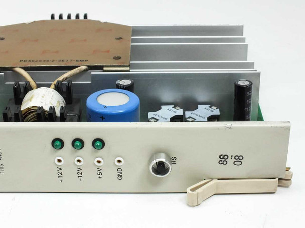 Nortel Meridian QPC691A — front panel close-up showing LED indicators labeled +12V, -12V, +5V, GND and RS connector on right side of beige bracket