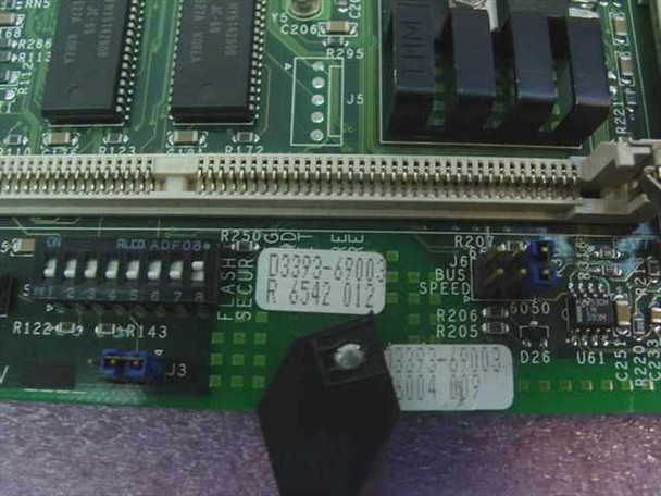 HP D3393-60003 system board — close-up of board label showing part number D3393-60003 and revision markings, with memory slots and chipset ICs visible
